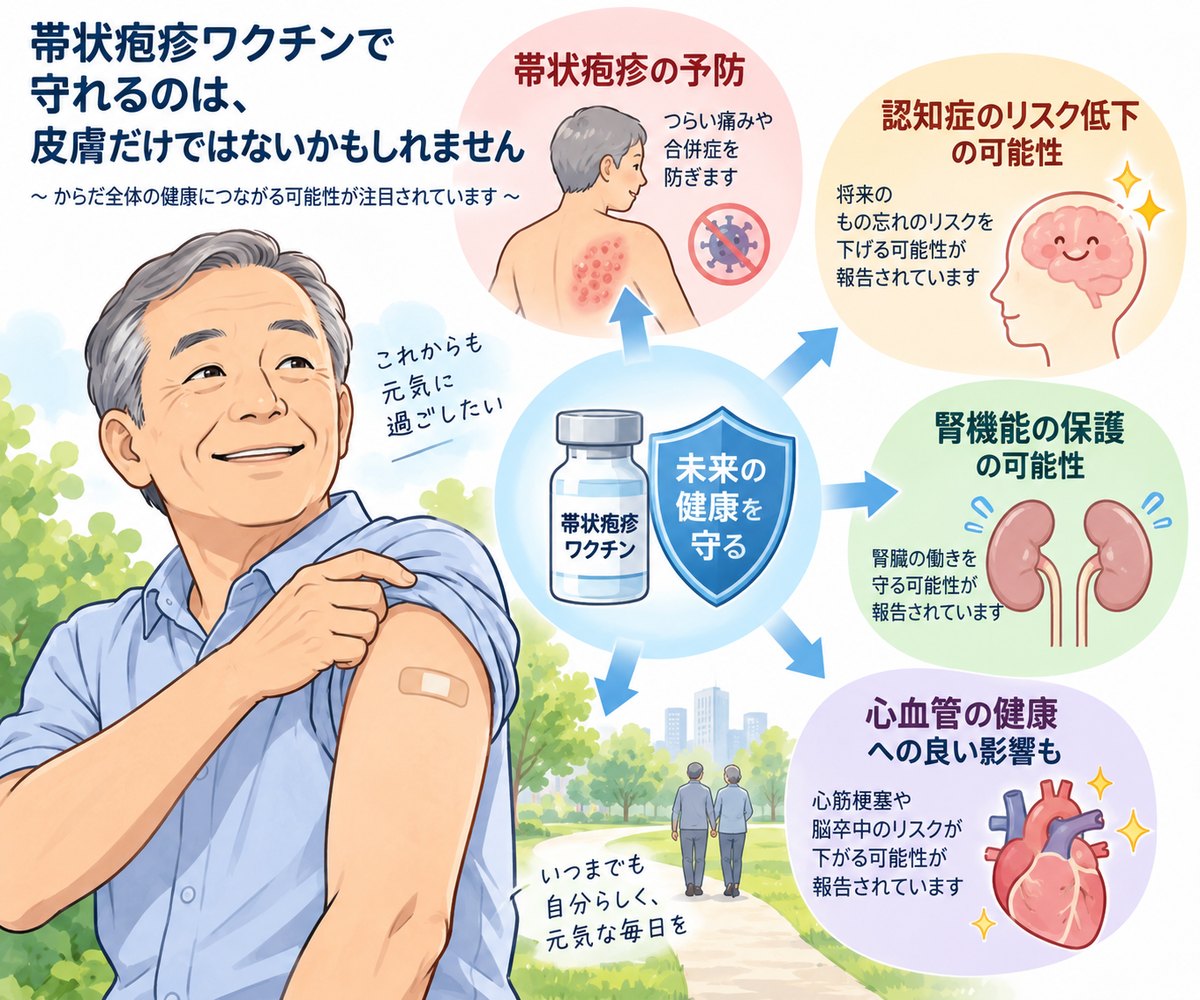帯状疱疹ワクチンで守れるのは皮膚だけではないかもしれません。帯状疱疹の予防に加えて、認知症のリスク低下・腎機能の保護・心血管の健康への良い影響の可能性が報告されていることを示した図